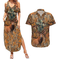 Custom Deer Hunting Couples Matching Summer Maxi Dress and Hawaiian Shirt Big Game Camo Forest Design and Skeleton Archer - Wonder Print Shop