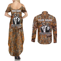 Custom Deer Hunting Couples Matching Summer Maxi Dress and Long Sleeve Button Shirt Big Game Camo Forest Design and Skeleton Archer - Wonder Print Shop