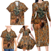 Custom Deer Hunting Family Matching Long Sleeve Bodycon Dress and Hawaiian Shirt Big Game Camo Forest Design and Skeleton Archer - Wonder Print Shop