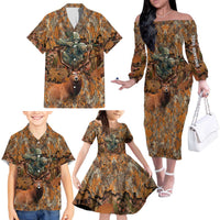 Custom Deer Hunting Family Matching Off The Shoulder Long Sleeve Dress and Hawaiian Shirt Big Game Camo Forest Design and Skeleton Archer - Wonder Print Shop