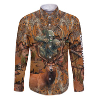 Custom Deer Hunting Family Matching Off The Shoulder Long Sleeve Dress and Hawaiian Shirt Big Game Camo Forest Design and Skeleton Archer - Wonder Print Shop