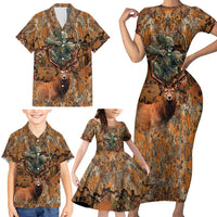 Custom Deer Hunting Family Matching Short Sleeve Bodycon Dress and Hawaiian Shirt Big Game Camo Forest Design and Skeleton Archer - Wonder Print Shop