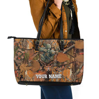Custom Deer Hunting Leather Tote Bag Big Game Camo Forest Design and Skeleton Archer - Wonder Print Shop