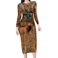 Custom Deer Hunting Long Sleeve Bodycon Dress Big Game Camo Forest Design and Skeleton Archer - Wonder Print Shop