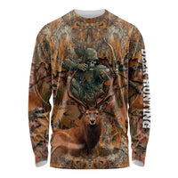 Custom Deer Hunting Long Sleeve Shirt Big Game Camo Forest Design and Skeleton Archer - Wonder Print Shop