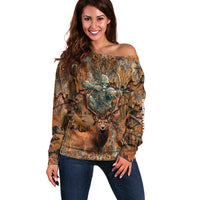 Custom Deer Hunting Off Shoulder Sweater Big Game Camo Forest Design and Skeleton Archer - Wonder Print Shop