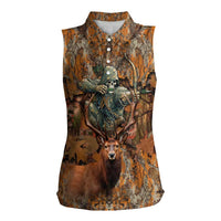 Custom Deer Hunting Women Sleeveless Polo Shirt Big Game Camo Forest Design and Skeleton Archer - Wonder Print Shop