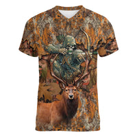 Custom Deer Hunting Women V-Neck T-Shirt Big Game Camo Forest Design and Skeleton Archer - Wonder Print Shop