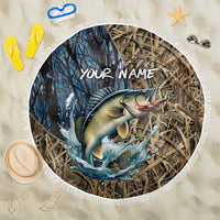 Personalized Walleye Splash Beach Blanket Camo Reeds and Night Forest Fishing Theme TS04