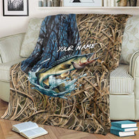 Personalized Walleye Splash Blanket Camo Reeds and Night Forest Fishing Theme TS04