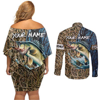 Personalized Walleye Splash Couples Matching Off Shoulder Short Dress and Long Sleeve Button Shirt Camo Reeds and Night Forest Fishing Theme - Wonder Print Shop