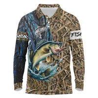 Personalized Walleye Splash Long Sleeve Polo Shirt Camo Reeds and Night Forest Fishing Theme - Wonder Print Shop