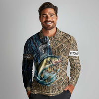 Personalized Walleye Splash Long Sleeve Polo Shirt Camo Reeds and Night Forest Fishing Theme - Wonder Print Shop