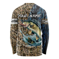 Personalized Walleye Splash Long Sleeve Shirt Camo Reeds and Night Forest Fishing Theme - Wonder Print Shop