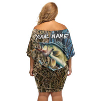 Personalized Walleye Splash Off Shoulder Short Dress Camo Reeds and Night Forest Fishing Theme - Wonder Print Shop