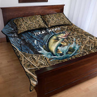 Personalized Walleye Splash Quilt Bed Set Camo Reeds and Night Forest Fishing Theme TS04
