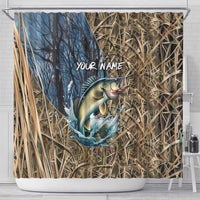 Personalized Walleye Splash Shower Curtain Camo Reeds and Night Forest Fishing Theme TS04