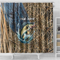 Personalized Walleye Splash Shower Curtain Camo Reeds and Night Forest Fishing Theme TS04