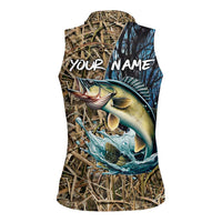Personalized Walleye Splash Women Sleeveless Polo Shirt Camo Reeds and Night Forest Fishing Theme - Wonder Print Shop