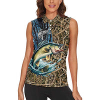 Personalized Walleye Splash Women Sleeveless Polo Shirt Camo Reeds and Night Forest Fishing Theme - Wonder Print Shop