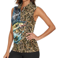 Personalized Walleye Splash Women Sleeveless Polo Shirt Camo Reeds and Night Forest Fishing Theme - Wonder Print Shop