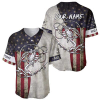 Personalized Distressed American Flag Bass Fishing Baseball Jersey Hooked Fish and Rustic Vintage Theme - Wonder Print Shop