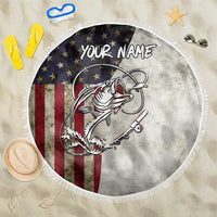 Personalized Distressed American Flag Bass Fishing Beach Blanket Hooked Fish and Rustic Vintage Theme - Wonder Print Shop
