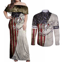 Personalized Distressed American Flag Bass Fishing Couples Matching Off Shoulder Maxi Dress and Long Sleeve Button Shirt Hooked Fish and Rustic Vintage Theme - Wonder Print Shop