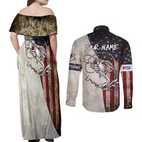 Personalized Distressed American Flag Bass Fishing Couples Matching Off Shoulder Maxi Dress and Long Sleeve Button Shirt Hooked Fish and Rustic Vintage Theme - Wonder Print Shop