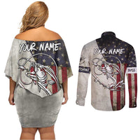 Personalized Distressed American Flag Bass Fishing Couples Matching Off Shoulder Short Dress and Long Sleeve Button Shirt Hooked Fish and Rustic Vintage Theme - Wonder Print Shop