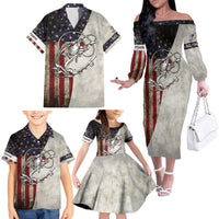 Personalized Distressed American Flag Bass Fishing Family Matching Off The Shoulder Long Sleeve Dress and Hawaiian Shirt Hooked Fish and Rustic Vintage Theme - Wonder Print Shop