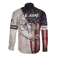 Personalized Distressed American Flag Bass Fishing Long Sleeve Button Shirt Hooked Fish and Rustic Vintage Theme - Wonder Print Shop