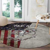 Personalized Distressed American Flag Bass Fishing Round Carpet Hooked Fish and Rustic Vintage Theme - Wonder Print Shop