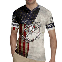 Personalized Distressed American Flag Bass Fishing Rugby Jersey Hooked Fish and Rustic Vintage Theme - Wonder Print Shop