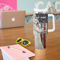 Personalized Distressed American Flag Bass Fishing Tumbler With Handle Hooked Fish and Rustic Vintage Theme - Wonder Print Shop
