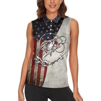 Personalized Distressed American Flag Bass Fishing Women Sleeveless Polo Shirt Hooked Fish and Rustic Vintage Theme - Wonder Print Shop