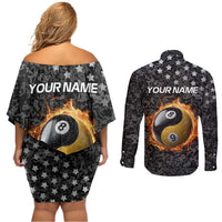Personalized Yin Yang Billiards Couples Matching Off Shoulder Short Dress and Long Sleeve Button Shirt 8 Ball and 9 Ball in Fiery Black Camo Pattern - Wonder Print Shop