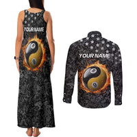 Personalized Yin Yang Billiards Couples Matching Tank Maxi Dress and Long Sleeve Button Shirt 8 Ball and 9 Ball in Fiery Black Camo Pattern - Wonder Print Shop
