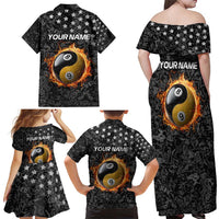 Personalized Yin Yang Billiards Family Matching Off Shoulder Maxi Dress and Hawaiian Shirt 8 Ball and 9 Ball in Fiery Black Camo Pattern - Wonder Print Shop