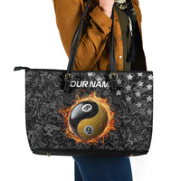Personalized Yin Yang Billiards Leather Tote Bag 8 Ball and 9 Ball in Fiery Black Camo Pattern - Wonder Print Shop