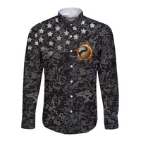 Personalized Yin Yang Billiards Long Sleeve Button Shirt 8 Ball and 9 Ball in Fiery Black Camo Pattern - Wonder Print Shop