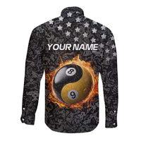 Personalized Yin Yang Billiards Long Sleeve Button Shirt 8 Ball and 9 Ball in Fiery Black Camo Pattern - Wonder Print Shop