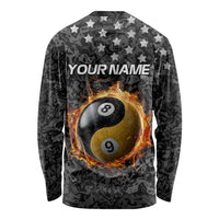 Personalized Yin Yang Billiards Long Sleeve Shirt 8 Ball and 9 Ball in Fiery Black Camo Pattern - Wonder Print Shop