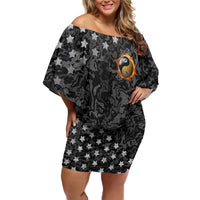 Personalized Yin Yang Billiards Off Shoulder Short Dress 8 Ball and 9 Ball in Fiery Black Camo Pattern - Wonder Print Shop