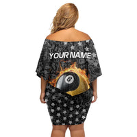 Personalized Yin Yang Billiards Off Shoulder Short Dress 8 Ball and 9 Ball in Fiery Black Camo Pattern - Wonder Print Shop