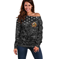 Personalized Yin Yang Billiards Off Shoulder Sweater 8 Ball and 9 Ball in Fiery Black Camo Pattern - Wonder Print Shop