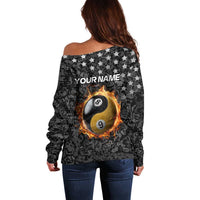 Personalized Yin Yang Billiards Off Shoulder Sweater 8 Ball and 9 Ball in Fiery Black Camo Pattern - Wonder Print Shop