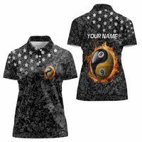 Personalized Yin Yang Billiards Women Polo Shirt 8 Ball and 9 Ball in Fiery Black Camo Pattern - Wonder Print Shop