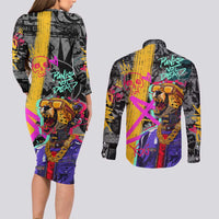 Punk Cheetah Graffiti Couples Matching Long Sleeve Bodycon Dress and Long Sleeve Button Shirt with Punk Not Dead Street Art and Neon Jungle Design - Wonder Print Shop