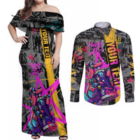 Punk Cheetah Graffiti Couples Matching Off Shoulder Maxi Dress and Long Sleeve Button Shirt with Punk Not Dead Street Art and Neon Jungle Design - Wonder Print Shop